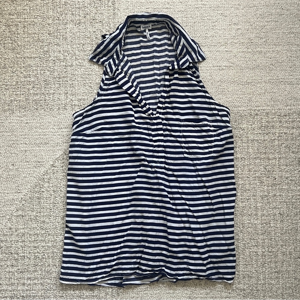 Splendid Navy Blue and White Striped Sleeveless Collared Tank Top